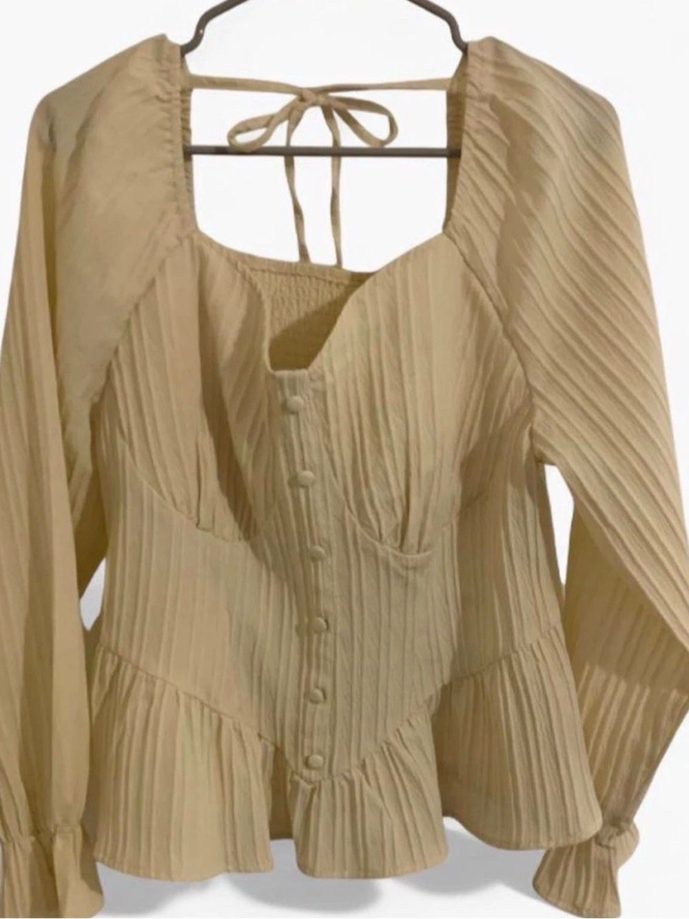 Pleated Peplum Long-Sleeve Dress in Cream